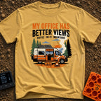 Office With A View - T-Shirt in Mustard - An illustration of an orange and white camper van with solar panels on the roof...