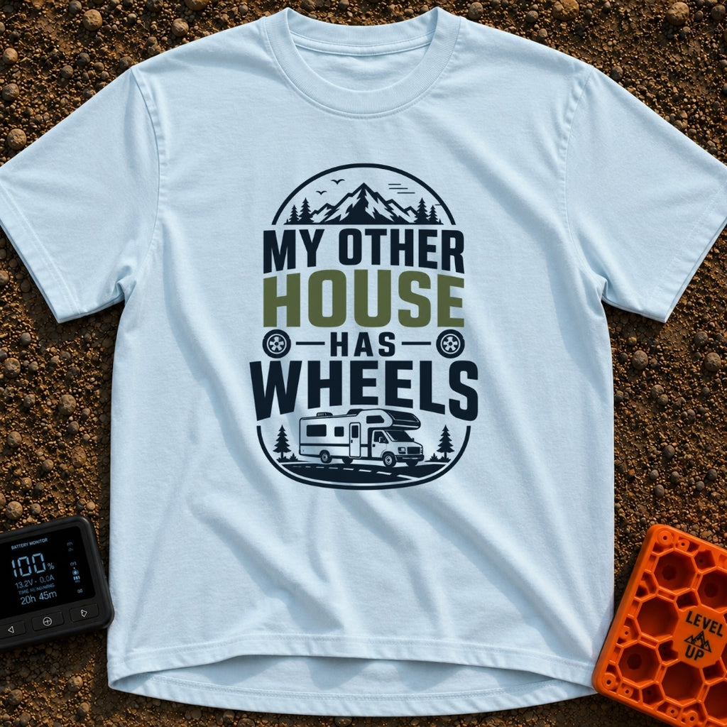My Other House Rolls - T-Shirt in Chambray - A typographic badge design reading 'MY OTHER HOUSE HAS WHEELS' featuring...