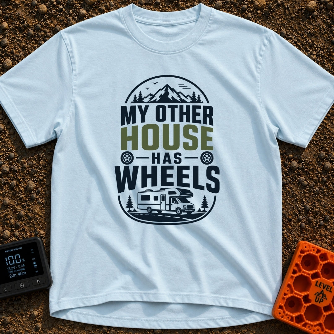 My Other House Rolls - T-Shirt in Chambray - A typographic badge design reading 'MY OTHER HOUSE HAS WHEELS' featuring...