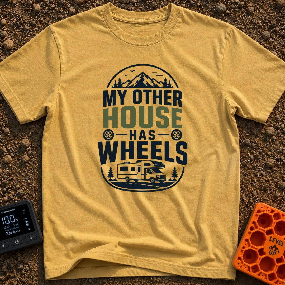 My Other House Rolls - T-Shirt in Mustard - A typographic badge design reading 'MY OTHER HOUSE HAS WHEELS' featuring...