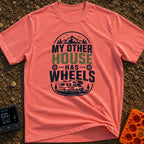 My Other House Rolls - T-Shirt in Watermelon - A typographic badge design reading 'MY OTHER HOUSE HAS WHEELS' featuring...