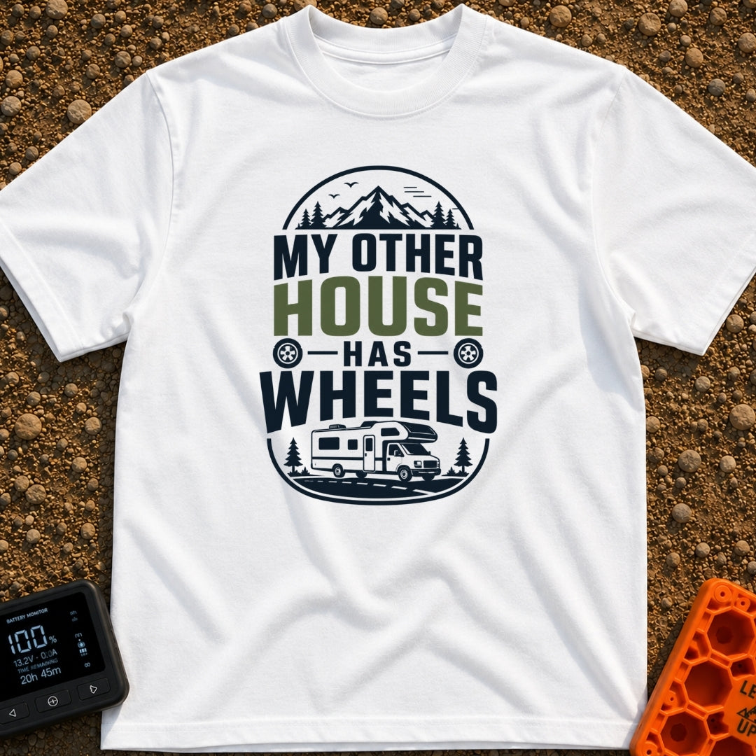 My Other House Rolls - T-Shirt in White - A typographic badge design reading 'MY OTHER HOUSE HAS WHEELS' featuring...