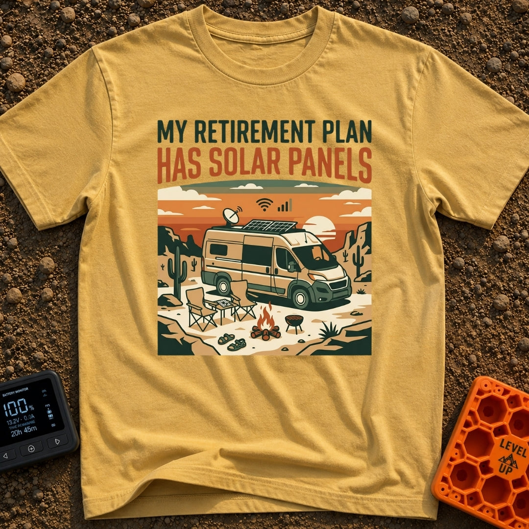Solar Powered Retirement Plan - T-Shirt in Mustard - An illustration of a camper van parked in a desert landscape at...