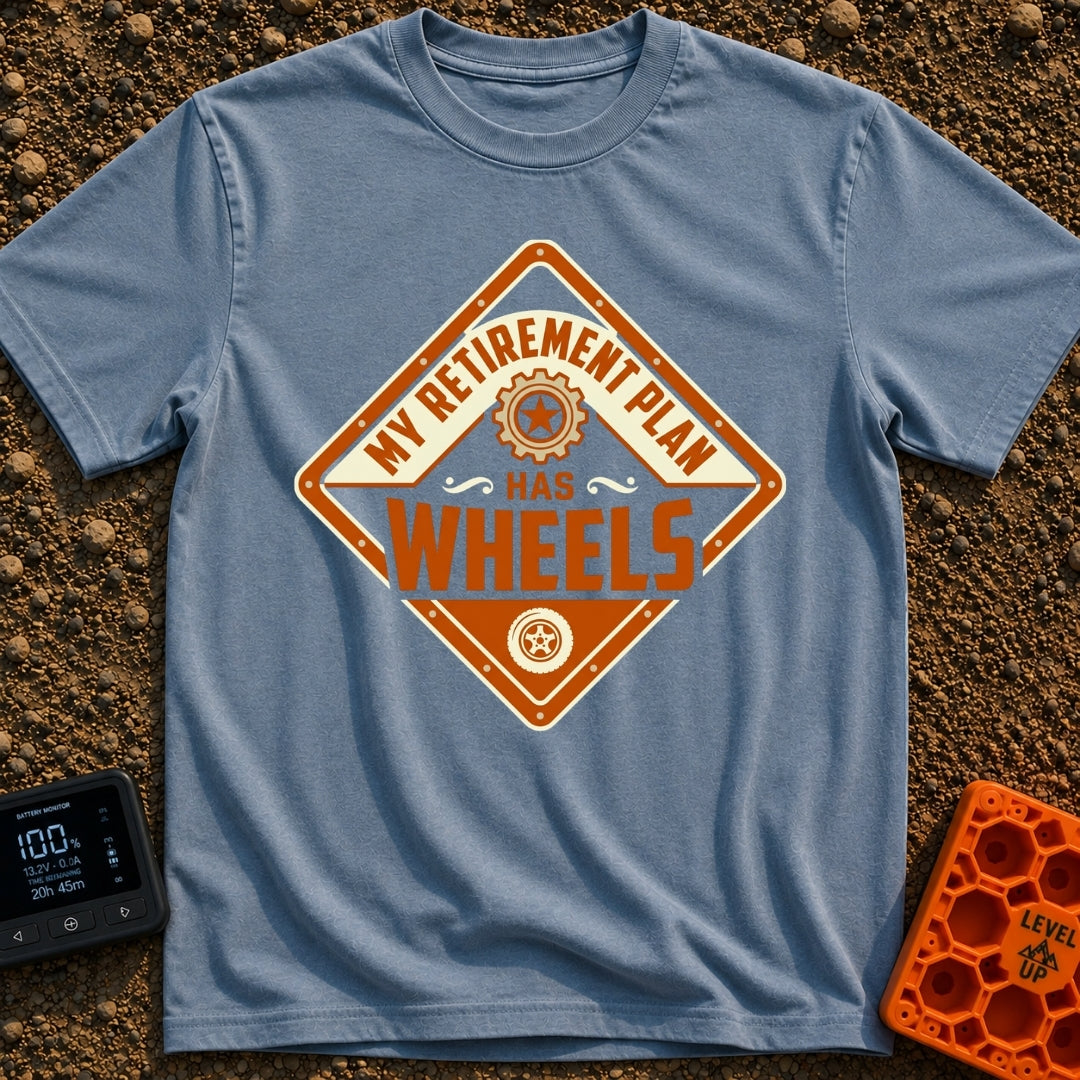 Rolling Retirement Plan - T-Shirt in Blue Jean - A diamond-shaped sign with an orange border featuring the text "MY...