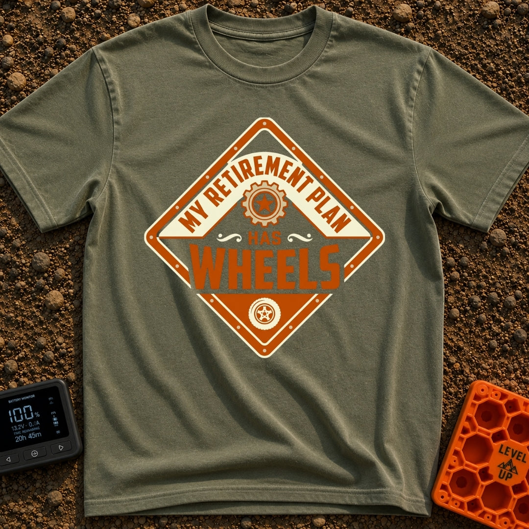 Rolling Retirement Plan - T-Shirt in Moss - A diamond-shaped sign with an orange border featuring the text "MY RETIREMENT...