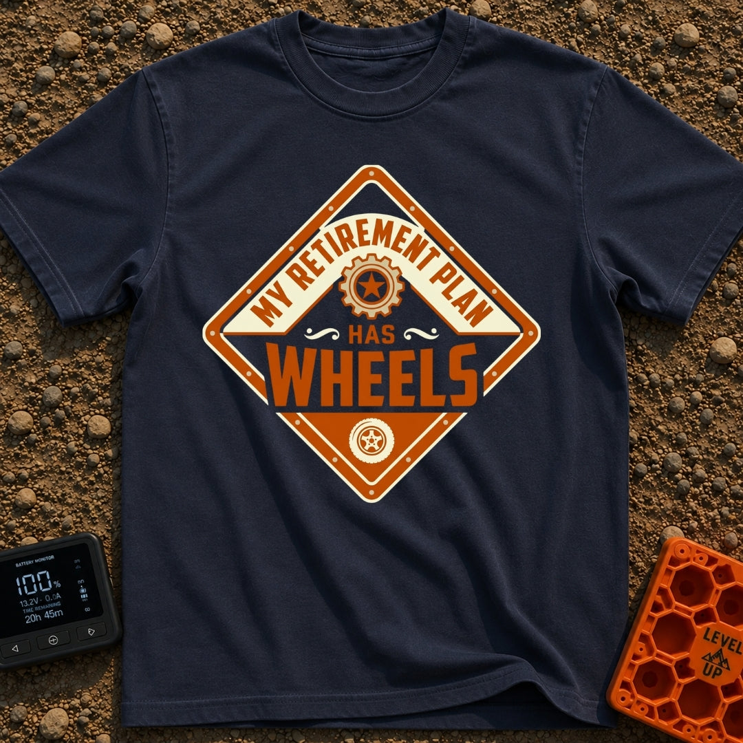 Rolling Retirement Plan - T-Shirt in Navy - A diamond-shaped sign with an orange border featuring the text "MY RETIREMENT...