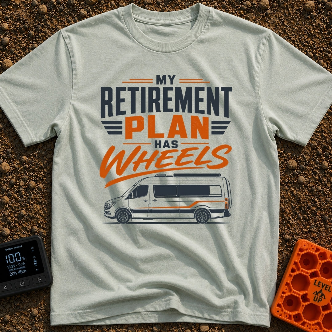 Rolling Retirement Plan - T-Shirt in Bay - A graphic with the text "MY RETIREMENT PLAN HAS WHEELS" in bold orange and...