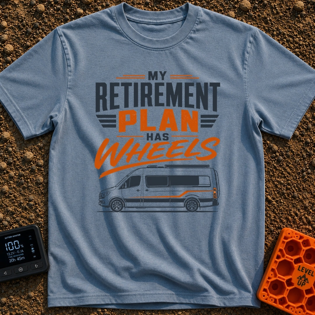 Rolling Retirement Plan - T-Shirt in Blue Jean - A graphic with the text "MY RETIREMENT PLAN HAS WHEELS" in bold orange...