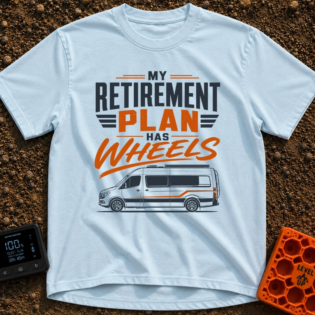 Rolling Retirement Plan - T-Shirt in Chambray - A graphic with the text "MY RETIREMENT PLAN HAS WHEELS" in bold orange...