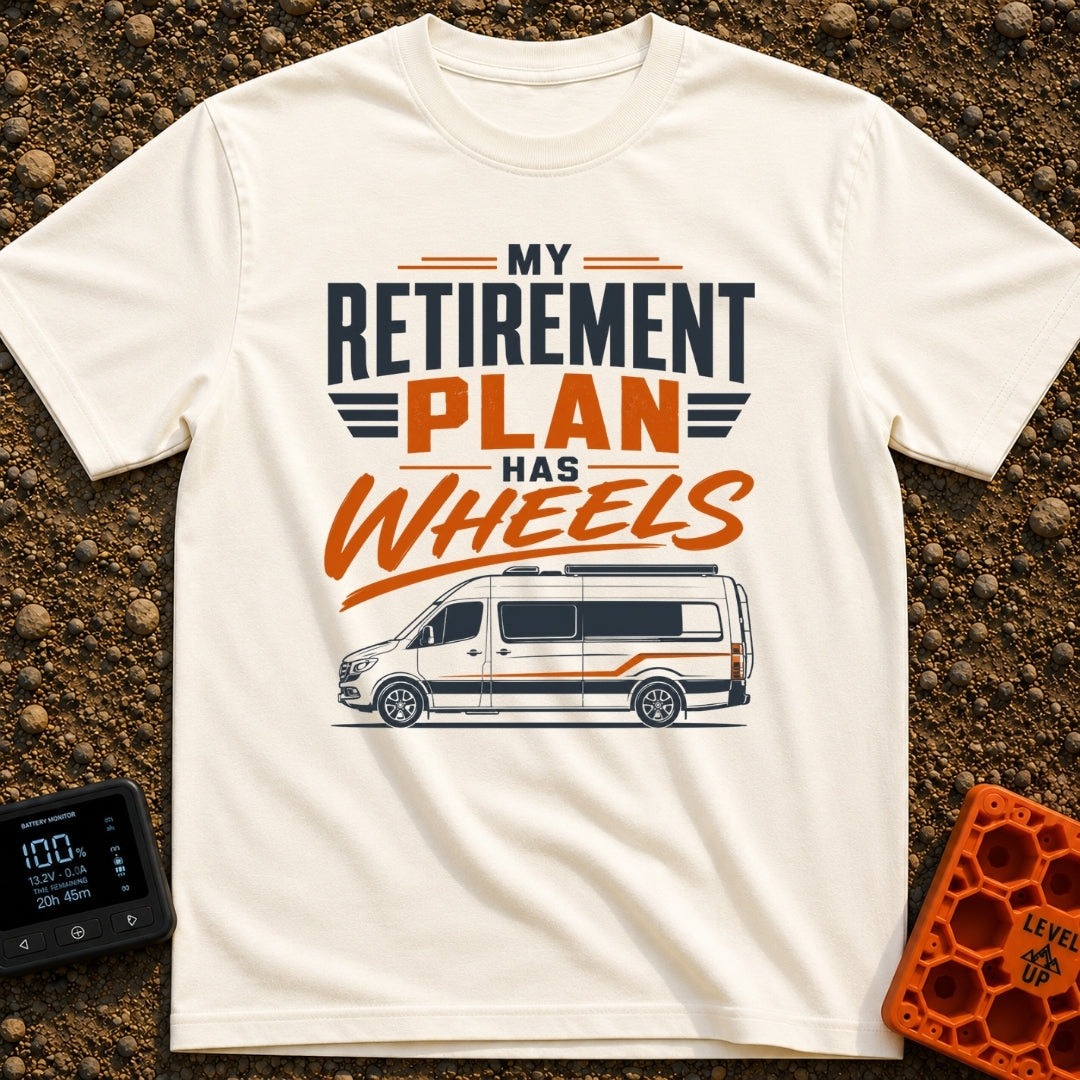 Rolling Retirement Plan - T-Shirt in Ivory - A graphic with the text "MY RETIREMENT PLAN HAS WHEELS" in bold orange and...