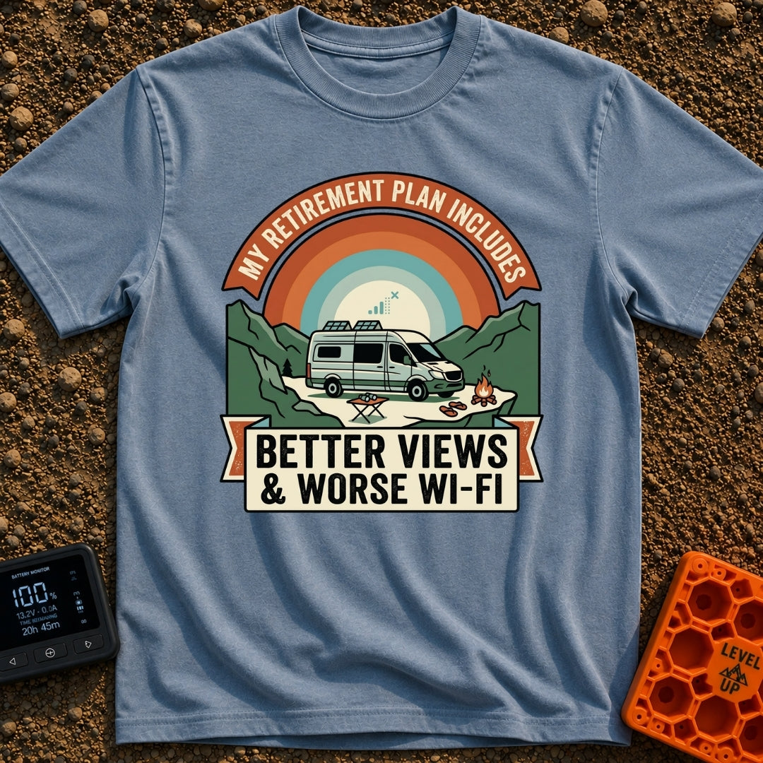 Retirement With A View - T-Shirt in Blue Jean - A camper van with roof-mounted solar panels is parked in a mountainous...