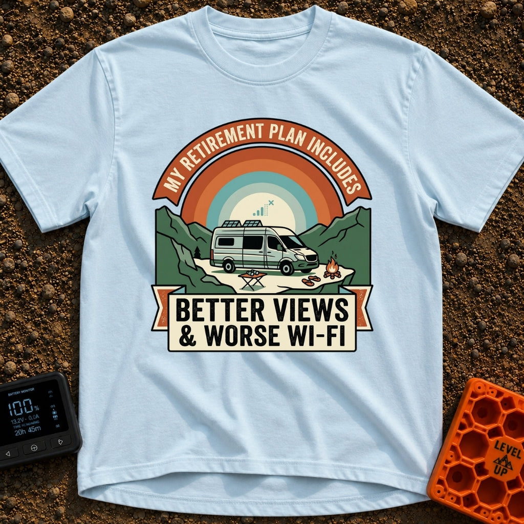 Retirement With A View - T-Shirt in Chambray - A camper van with roof-mounted solar panels is parked in a mountainous...