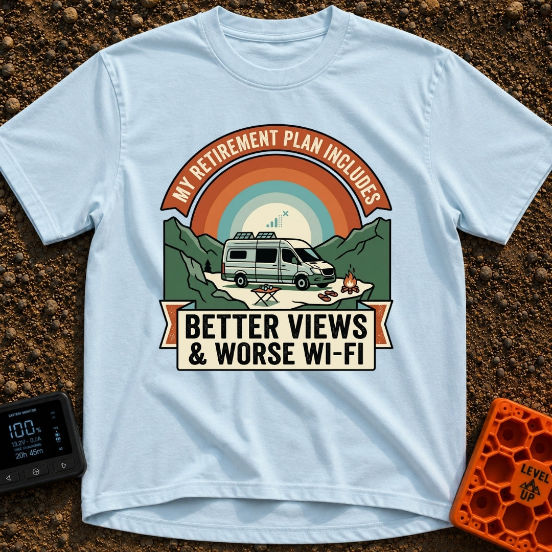 Retirement With A View - T-Shirt in Chambray - A camper van with roof-mounted solar panels is parked in a mountainous...