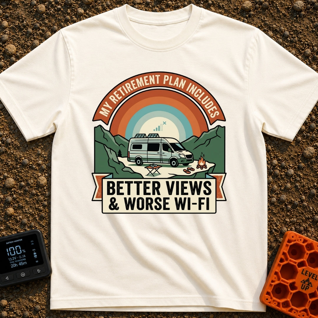 Retirement With A View - T-Shirt in Ivory - A camper van with roof-mounted solar panels is parked in a mountainous...