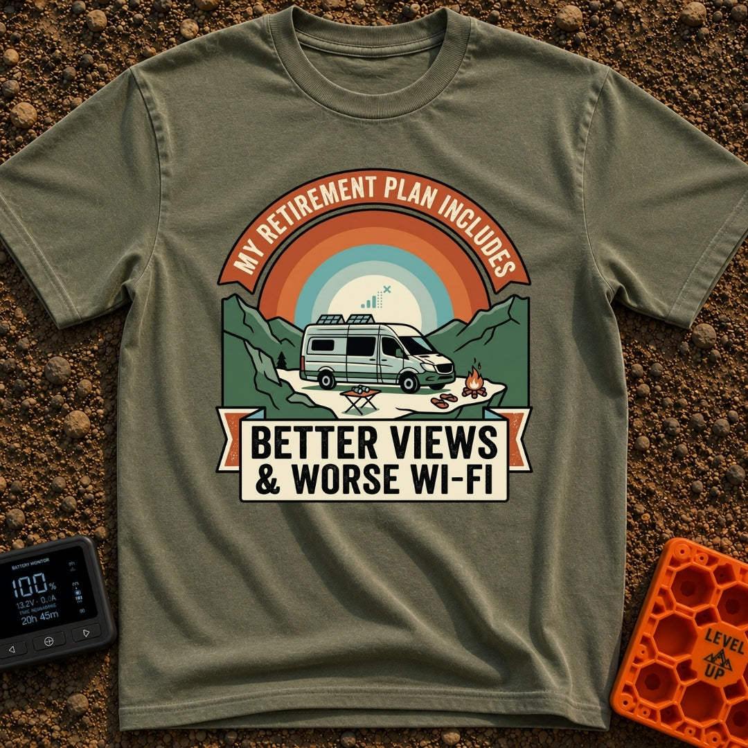Retirement With A View - T-Shirt in Moss - A camper van with roof-mounted solar panels is parked in a mountainous...