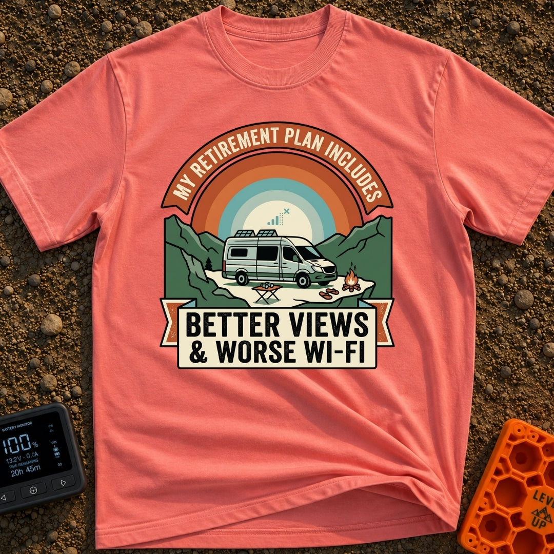 Retirement With A View - T-Shirt in Watermelon - A camper van with roof-mounted solar panels is parked in a mountainous...