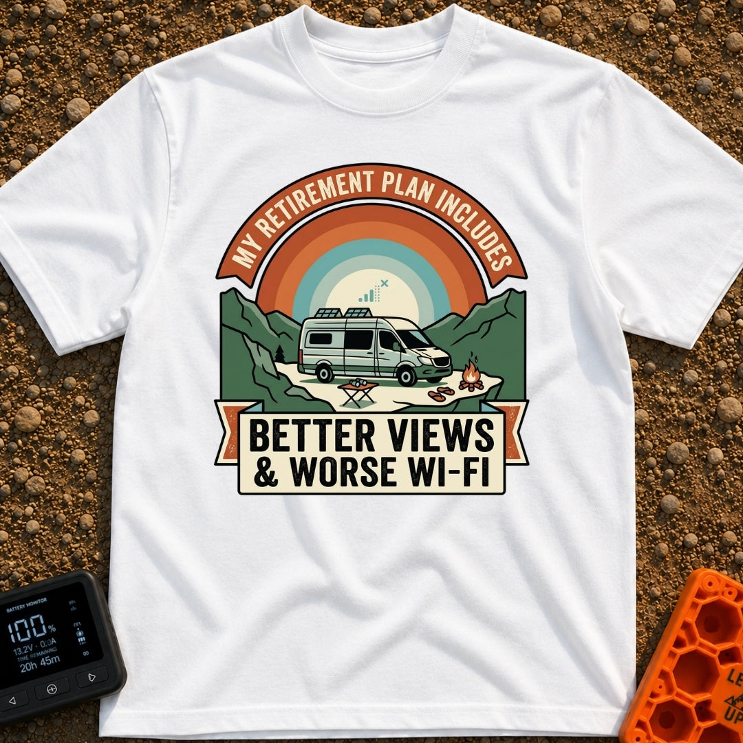 Retirement With A View - T-Shirt in White - A camper van with roof-mounted solar panels is parked in a mountainous...