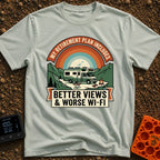 Retirement With A View - T-Shirt in Bay - A graphic design featuring an RV with solar panels parked in a mountainous...