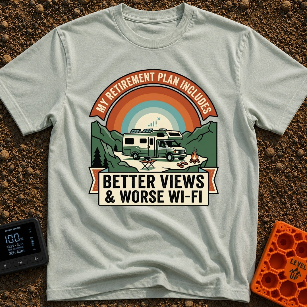 Retirement With A View - T-Shirt in Bay - A graphic design featuring an RV with solar panels parked in a mountainous...