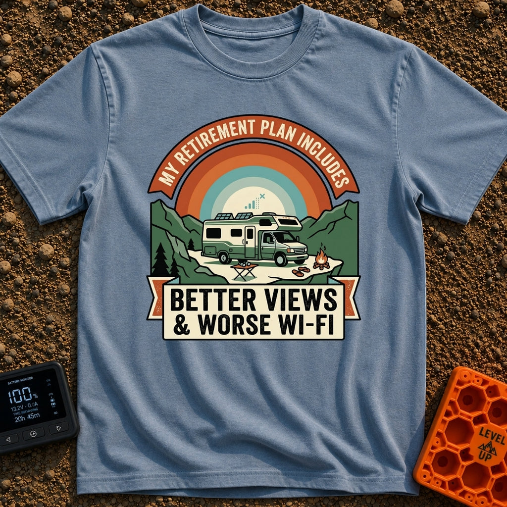 Retirement With A View - T-Shirt in Blue Jean - A graphic design featuring an RV with solar panels parked in a...