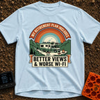 Retirement With A View - T-Shirt in Chambray - A graphic design featuring an RV with solar panels parked in a mountainous...