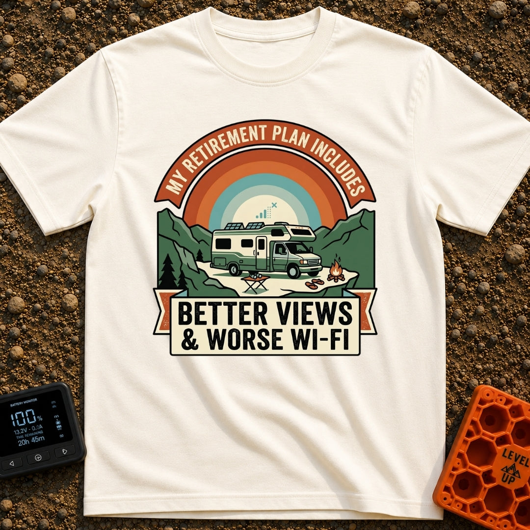 Retirement With A View - T-Shirt in Ivory - A graphic design featuring an RV with solar panels parked in a mountainous...