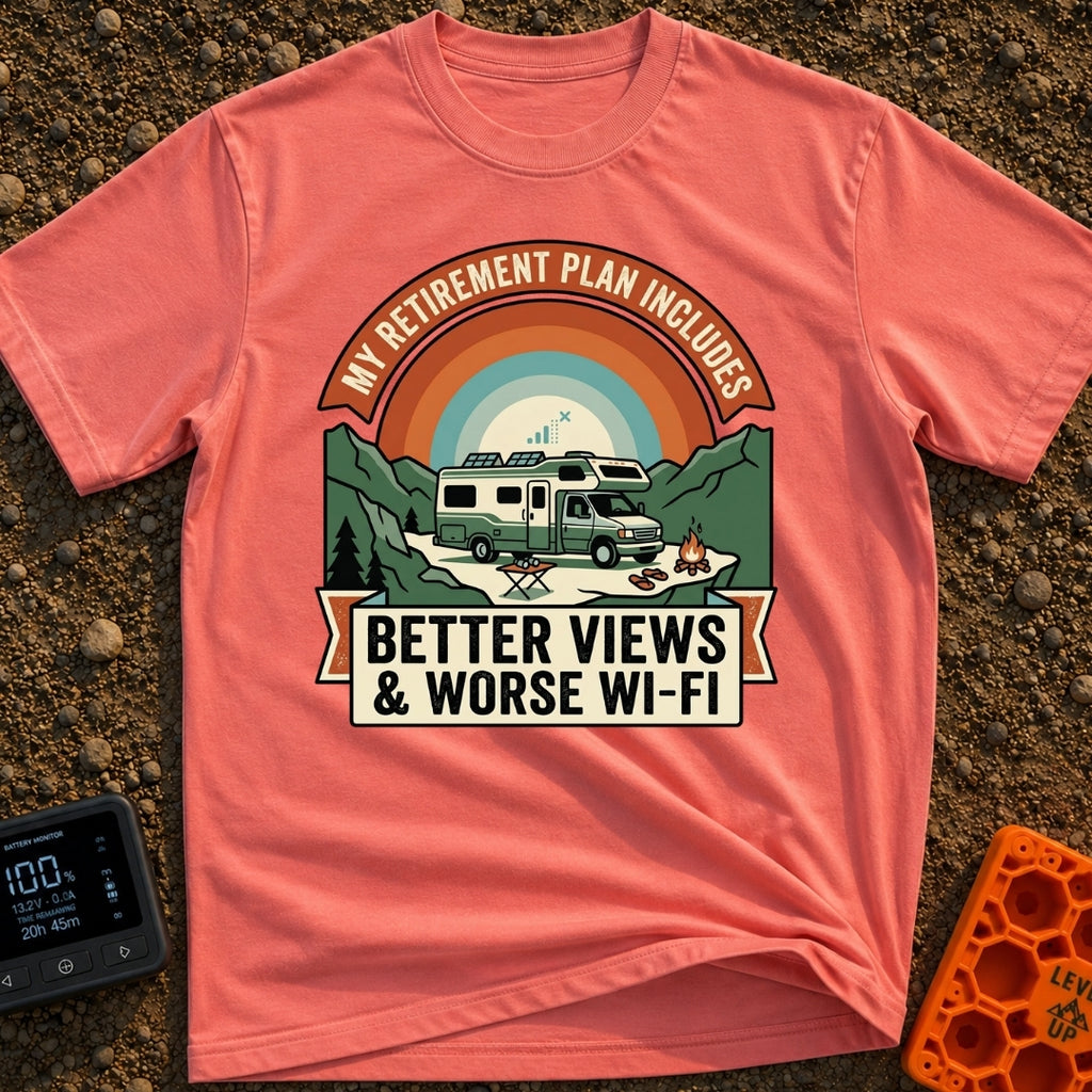 Retirement With A View - T-Shirt in Watermelon - A graphic design featuring an RV with solar panels parked in a...