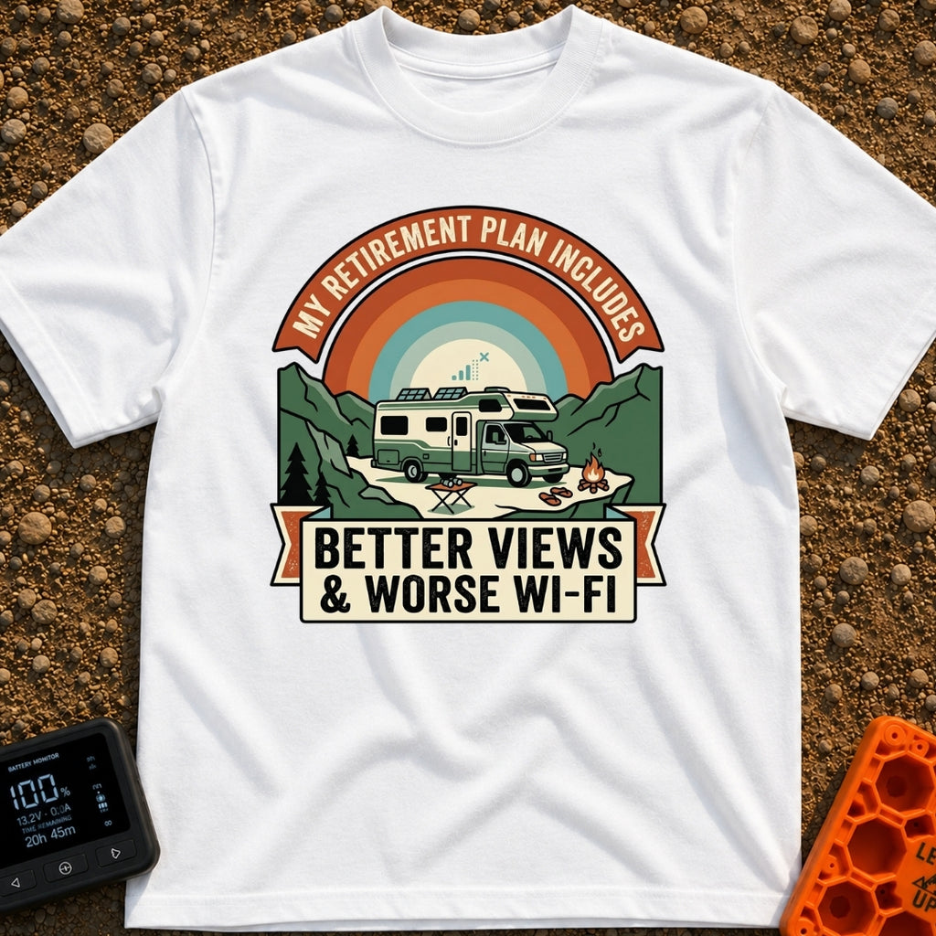Retirement With A View - T-Shirt in White - A graphic design featuring an RV with solar panels parked in a mountainous...