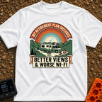 Retirement With A View - T-Shirt in White - A graphic design featuring an RV with solar panels parked in a mountainous...