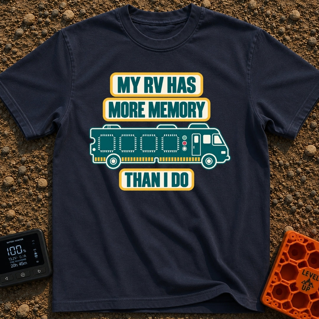 My RV Remembers More - T-Shirt in Navy - The design features the text "MY RV HAS MORE MEMORY THAN I DO" stacked above and...
