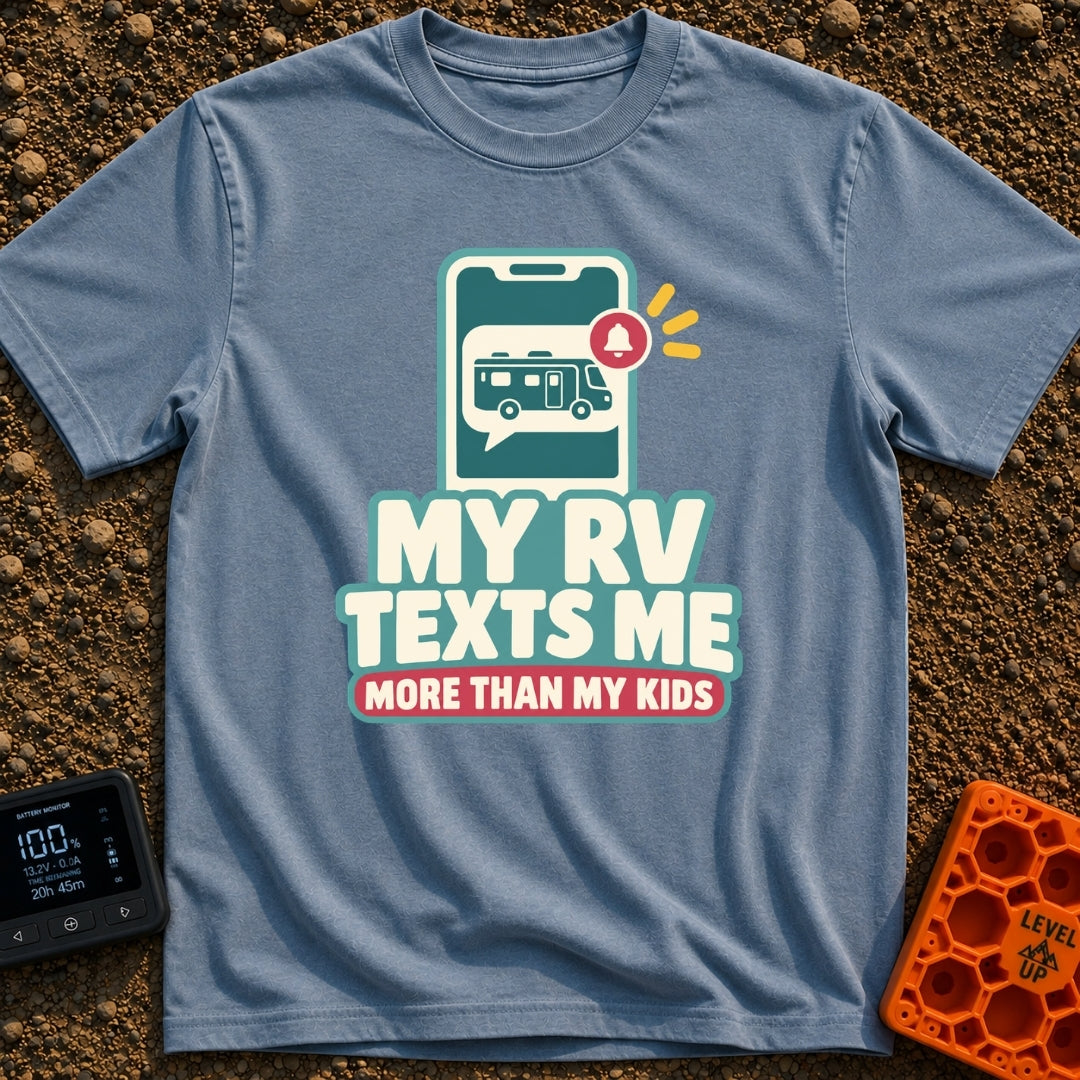 Texts From My RV - T-Shirt in Blue Jean - A graphic of a smartphone displaying a chat bubble that contains a motorhome...