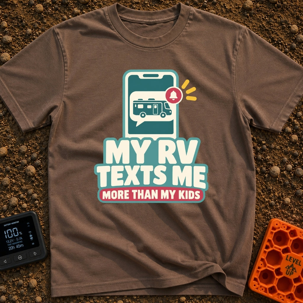 Texts From My RV - T-Shirt in Espresso - A graphic of a smartphone displaying a chat bubble that contains a motorhome...