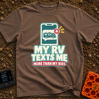 Texts From My RV - T-Shirt in Espresso - A graphic of a smartphone displaying a chat bubble that contains a motorhome...