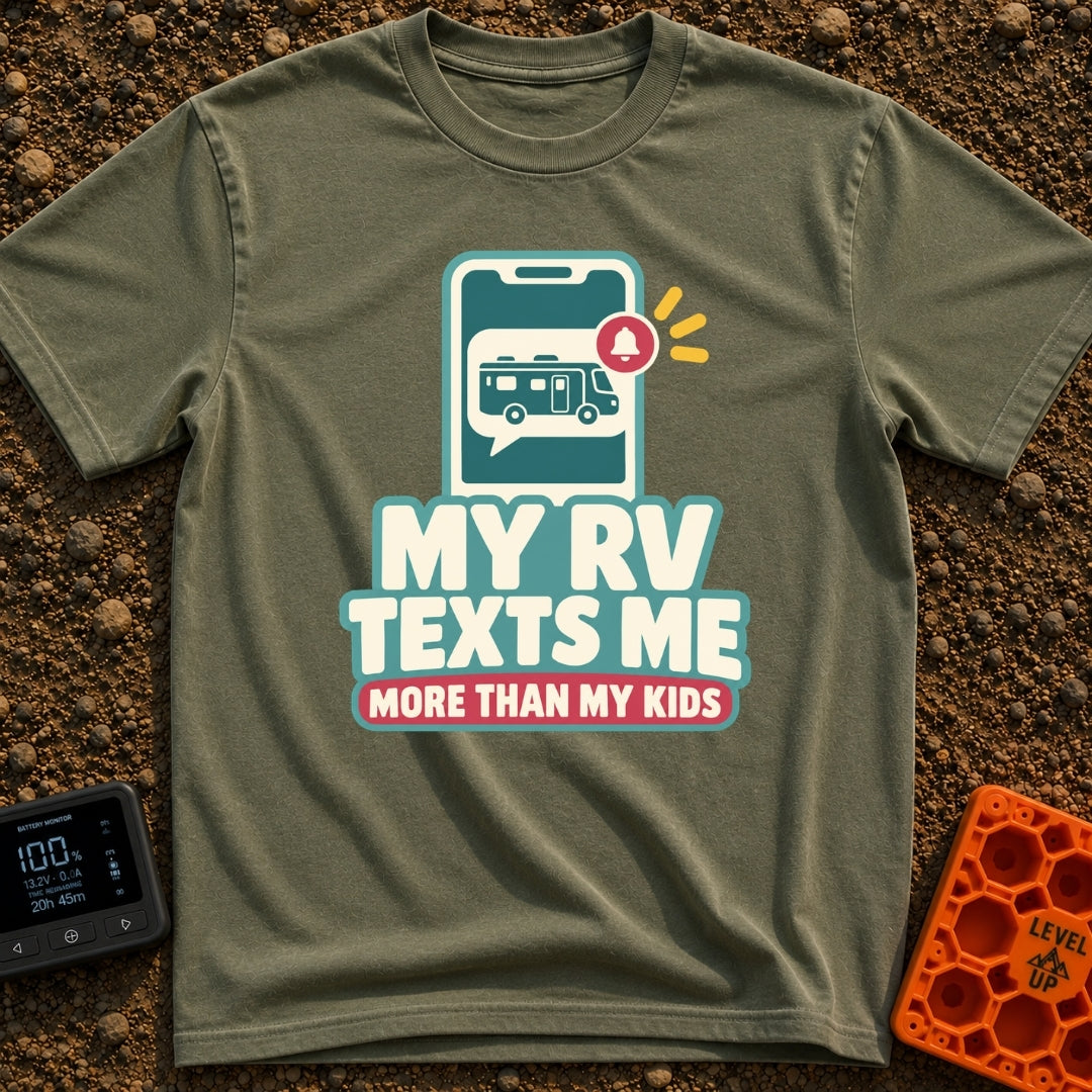 Texts From My RV - T-Shirt in Moss - A graphic of a smartphone displaying a chat bubble that contains a motorhome...