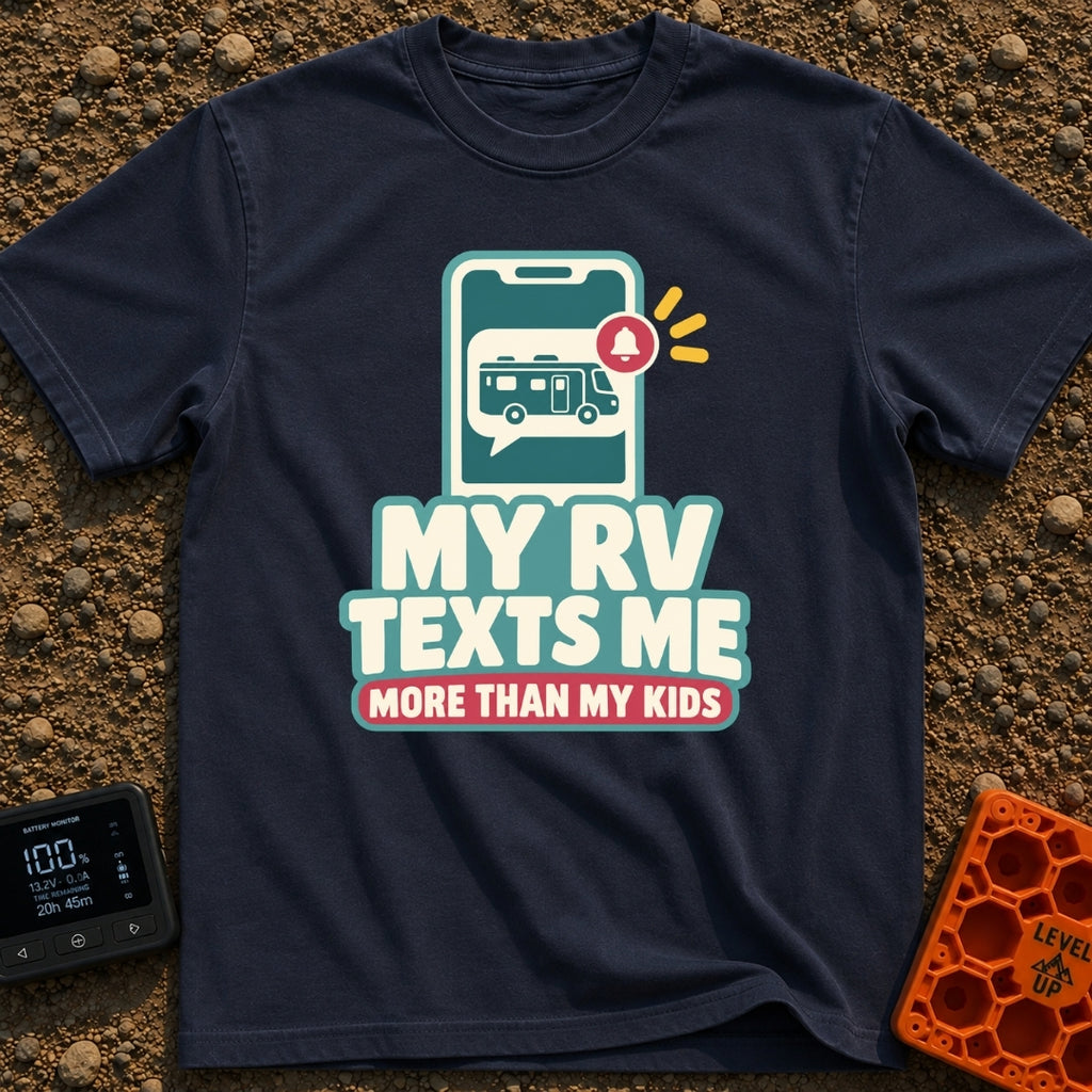 Texts From My RV - T-Shirt in Navy - A graphic of a smartphone displaying a chat bubble that contains a motorhome...