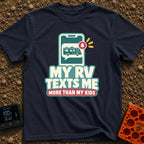 Texts From My RV - T-Shirt in Navy - A graphic of a smartphone displaying a chat bubble that contains a motorhome...
