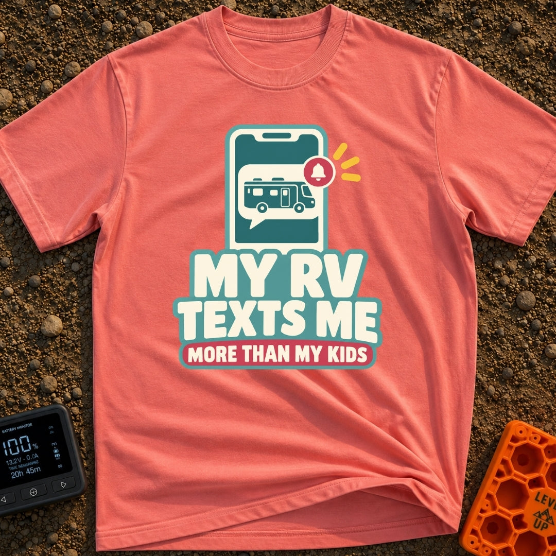 Texts From My RV - T-Shirt in Watermelon - A graphic of a smartphone displaying a chat bubble that contains a motorhome...