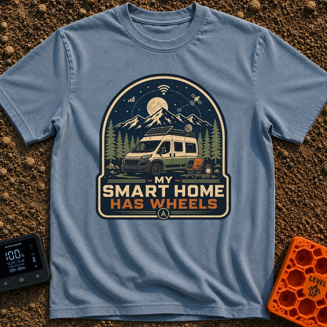 Smart Home On Wheels - T-Shirt in Blue Jean - A camper van equipped with roof-mounted solar panels and a satellite dish...