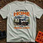 Smart Home On Wheels - T-Shirt in Bay - A rugged camper van with muddy tires, a rooftop solar panel, a side battery...