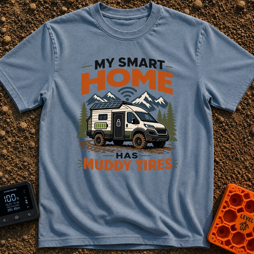 Smart Home On Wheels - T-Shirt in Blue Jean - A rugged camper van with muddy tires, a rooftop solar panel, a side battery...