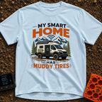 Smart Home On Wheels - T-Shirt in Chambray - A rugged camper van with muddy tires, a rooftop solar panel, a side battery...