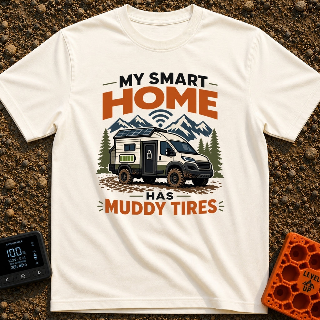 Smart Home On Wheels - T-Shirt in Ivory - A rugged camper van with muddy tires, a rooftop solar panel, a side battery...