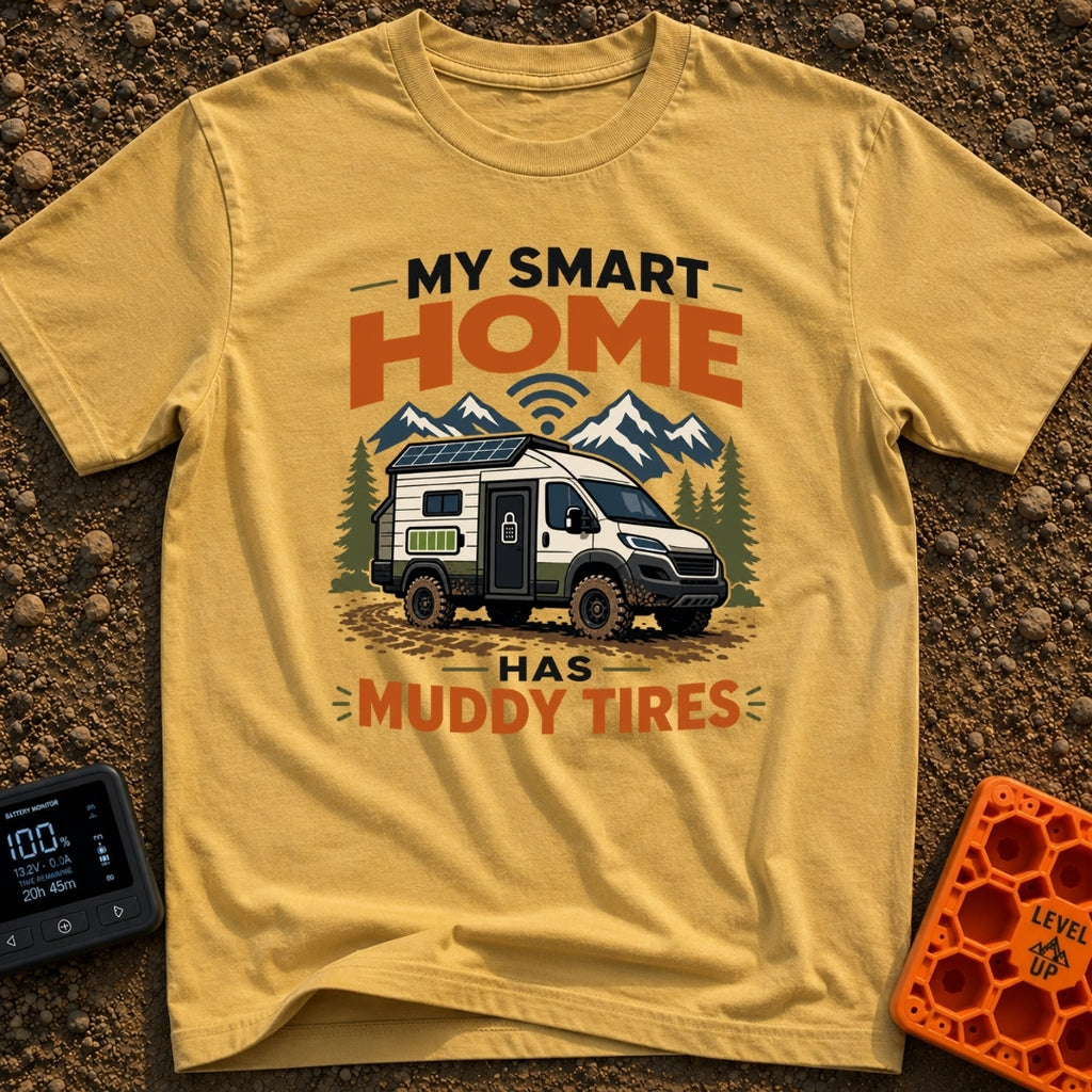 Smart Home On Wheels - T-Shirt in Mustard - A rugged camper van with muddy tires, a rooftop solar panel, a side battery...