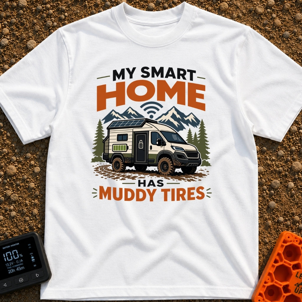 Smart Home On Wheels - T-Shirt in White - A rugged camper van with muddy tires, a rooftop solar panel, a side battery...