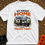 Smart Home On Wheels - T-Shirt in White - A rugged camper van with muddy tires, a rooftop solar panel, a side battery...