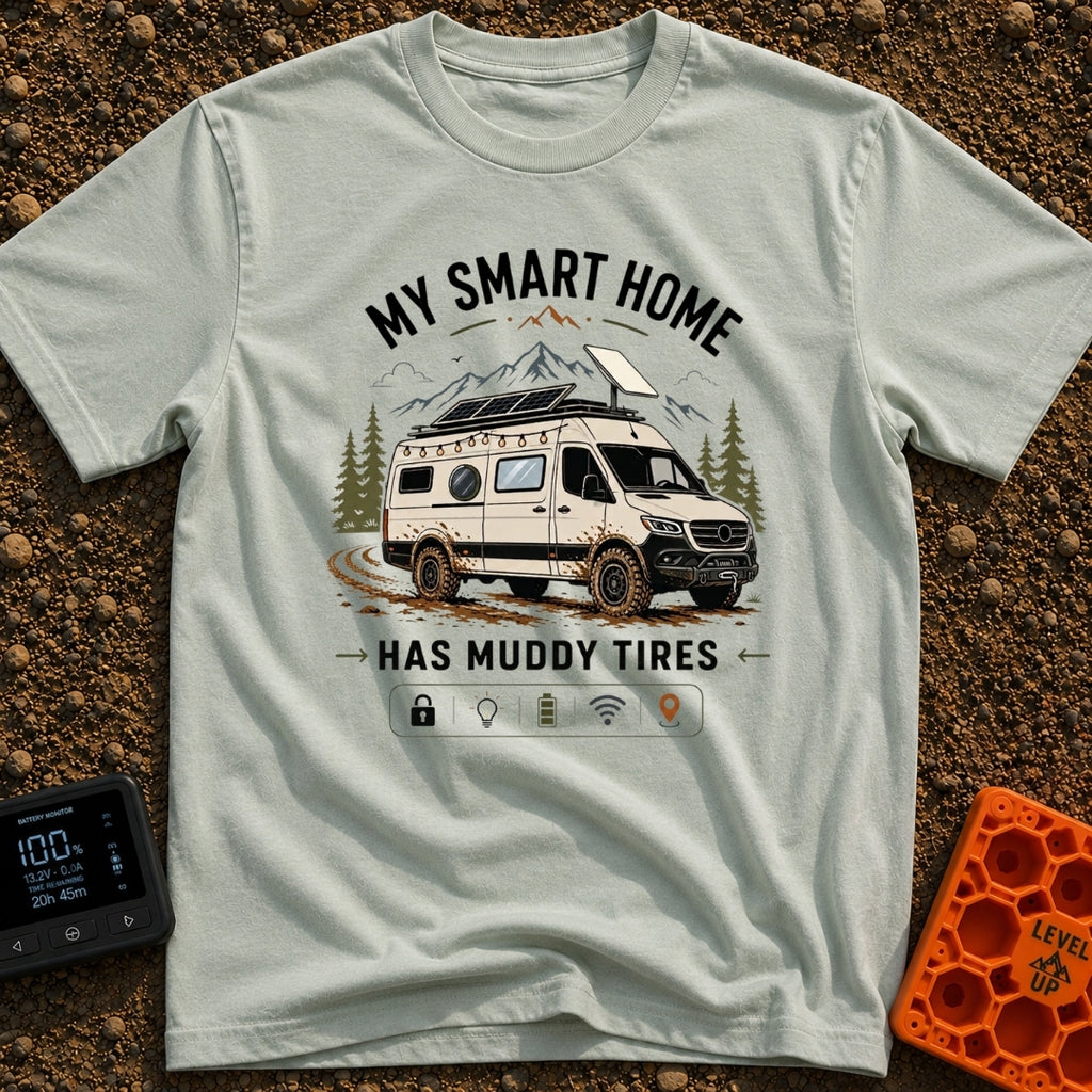 Mud-Covered Smart Home - T-Shirt in Bay - An illustration of a mud-splattered white camper van equipped with a...
