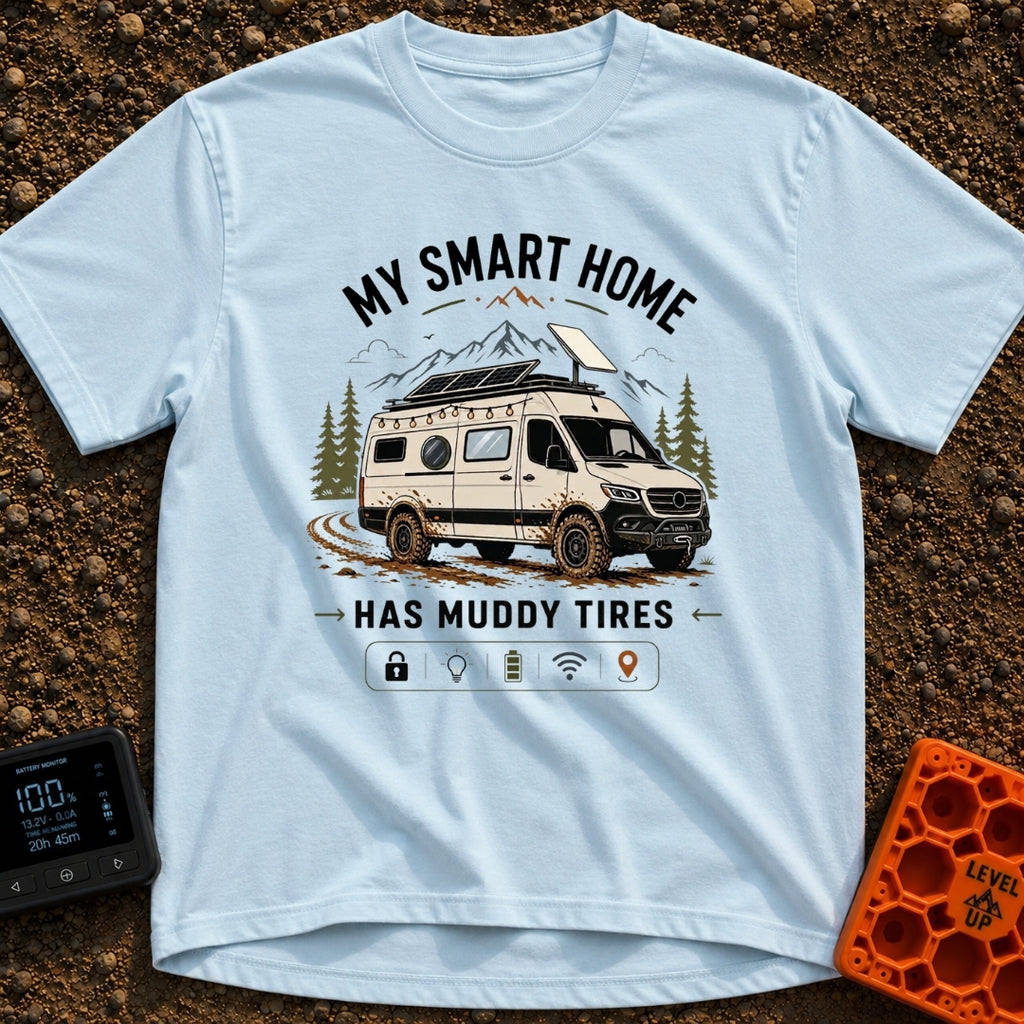 Mud-Covered Smart Home - T-Shirt in Chambray - An illustration of a mud-splattered white camper van equipped with a...