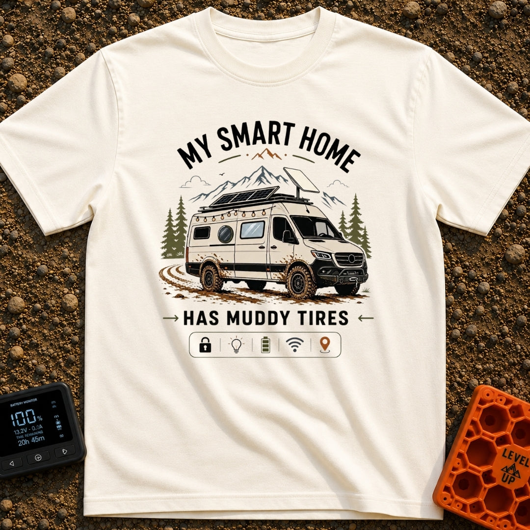 Mud-Covered Smart Home - T-Shirt in Ivory - An illustration of a mud-splattered white camper van equipped with a...