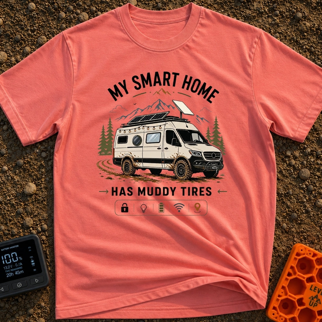 Mud-Covered Smart Home - T-Shirt in Watermelon - An illustration of a mud-splattered white camper van equipped with a...
