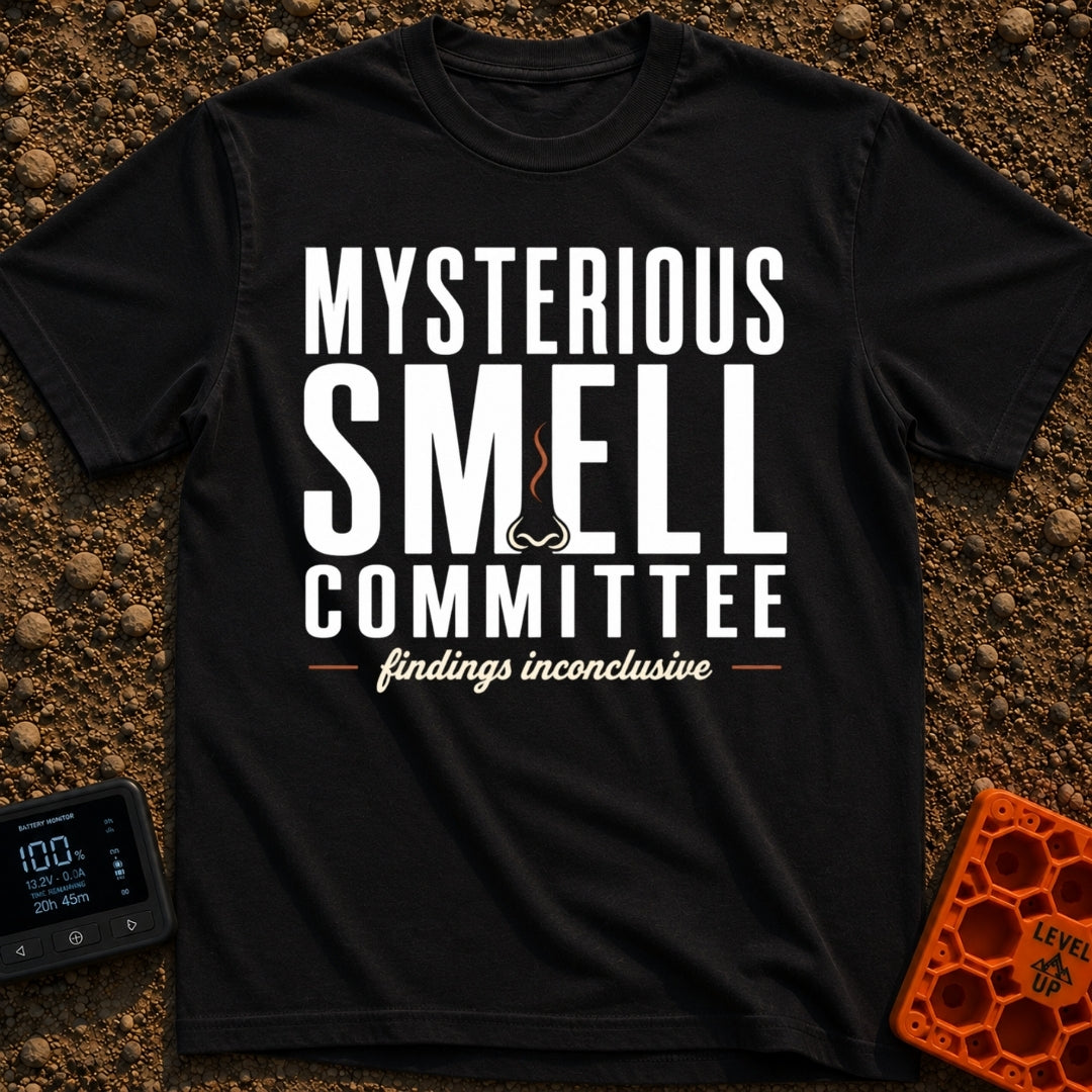 Mysterious Smell Commit - T-Shirt in Black - The design features the text "MYSTERIOUS SMELL COMMITTEE" in large block...